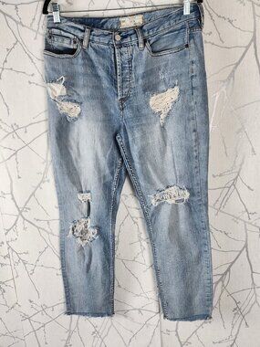 Free People Light Wash Lace Patch Ripped Ankle Boyfriend Jeans